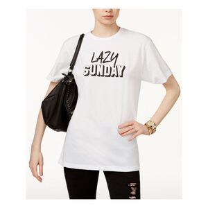 NWT KID-DANGEROUS Womens White Lazy Sunday Short Sleeve Jewel Neck Top Size: L